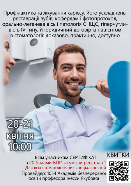 Профілактика та лікування карієсу, його ускладнень, реставрації зубів, кофердам і фотопротокол, орально-легенева вісь і патологія СНЩС, гіперчутливість IV типу, й юридичний договір із пацієнтом в стоматології: доказово, практично, доступно